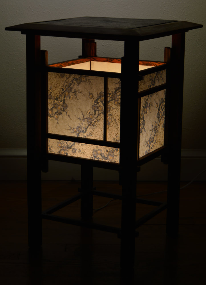 Shoji Floor Lamp/ Sapele, Bacote, Holly/Peach Blossom Chiyogami